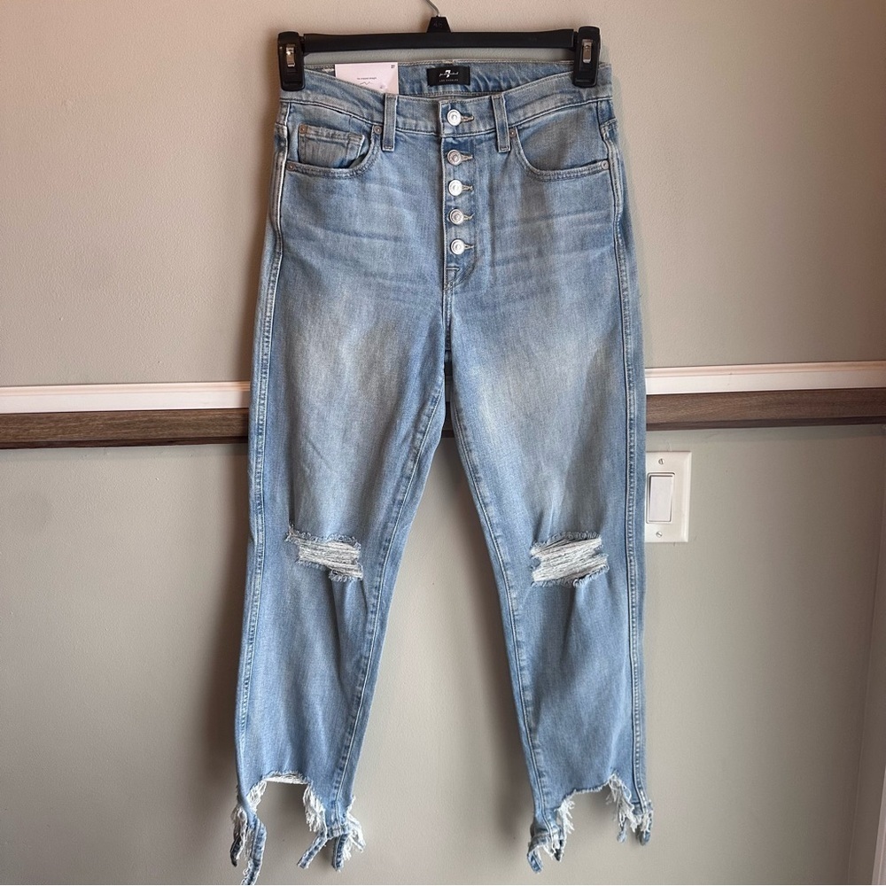 7 FOR ALL MANKIND High Waist Cropped Straight Jeans Chewed Hem​​​